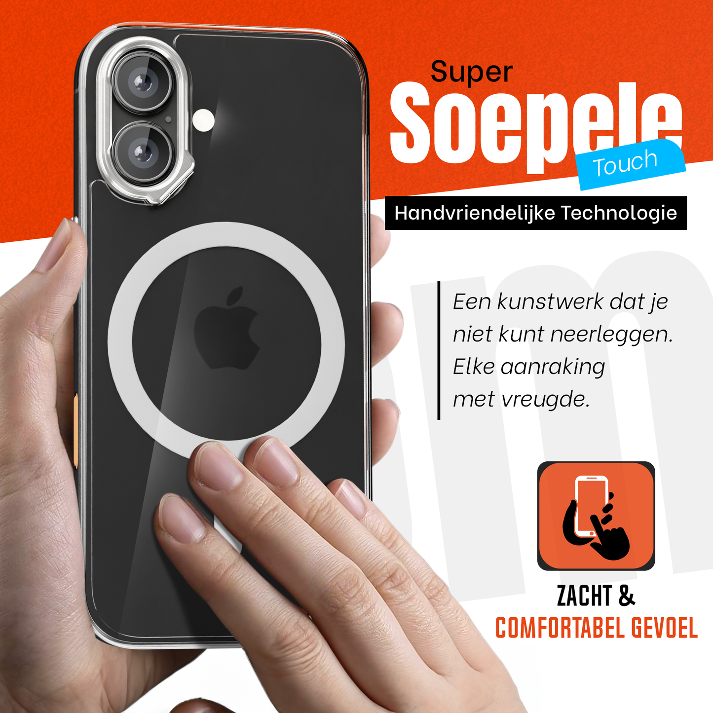 iPhone 16 Hoesje – Transparant MagSafe Case met Metalen Stand & Oranje Button