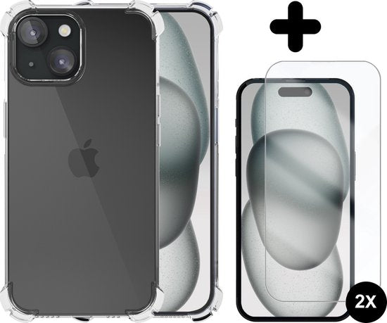 Transparent Anti - Shock Case with 2x Tempered Glass Screen Protectors for iPhone 15 - mijnhoesjesTransparent Anti - Shock Case with 2x Tempered Glass Screen Protectors for iPhone 15