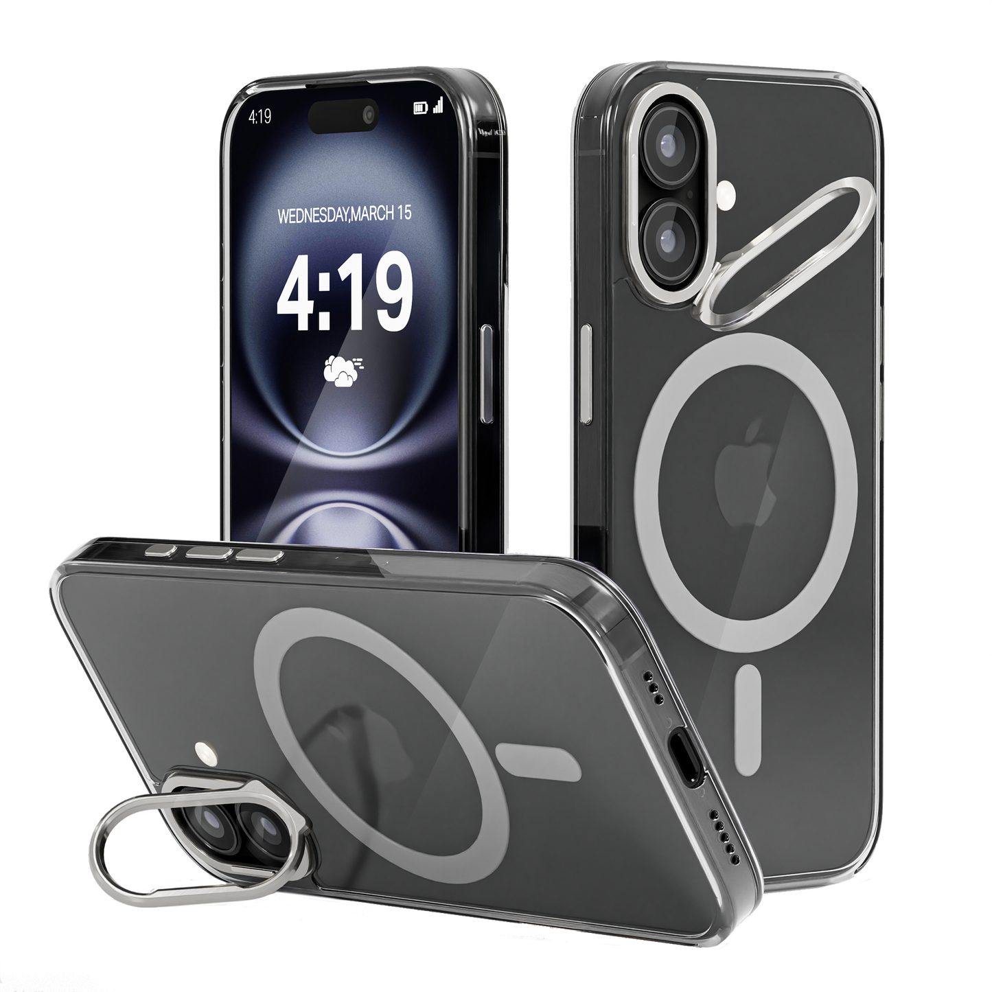 iPhone 16 Hoesje – Transparant MagSafe Case met Metalen Stand & Oranje Button