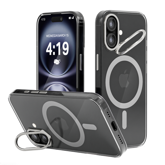 iPhone 16 Hoesje – Transparant MagSafe Case met Metalen Stand & Oranje Button