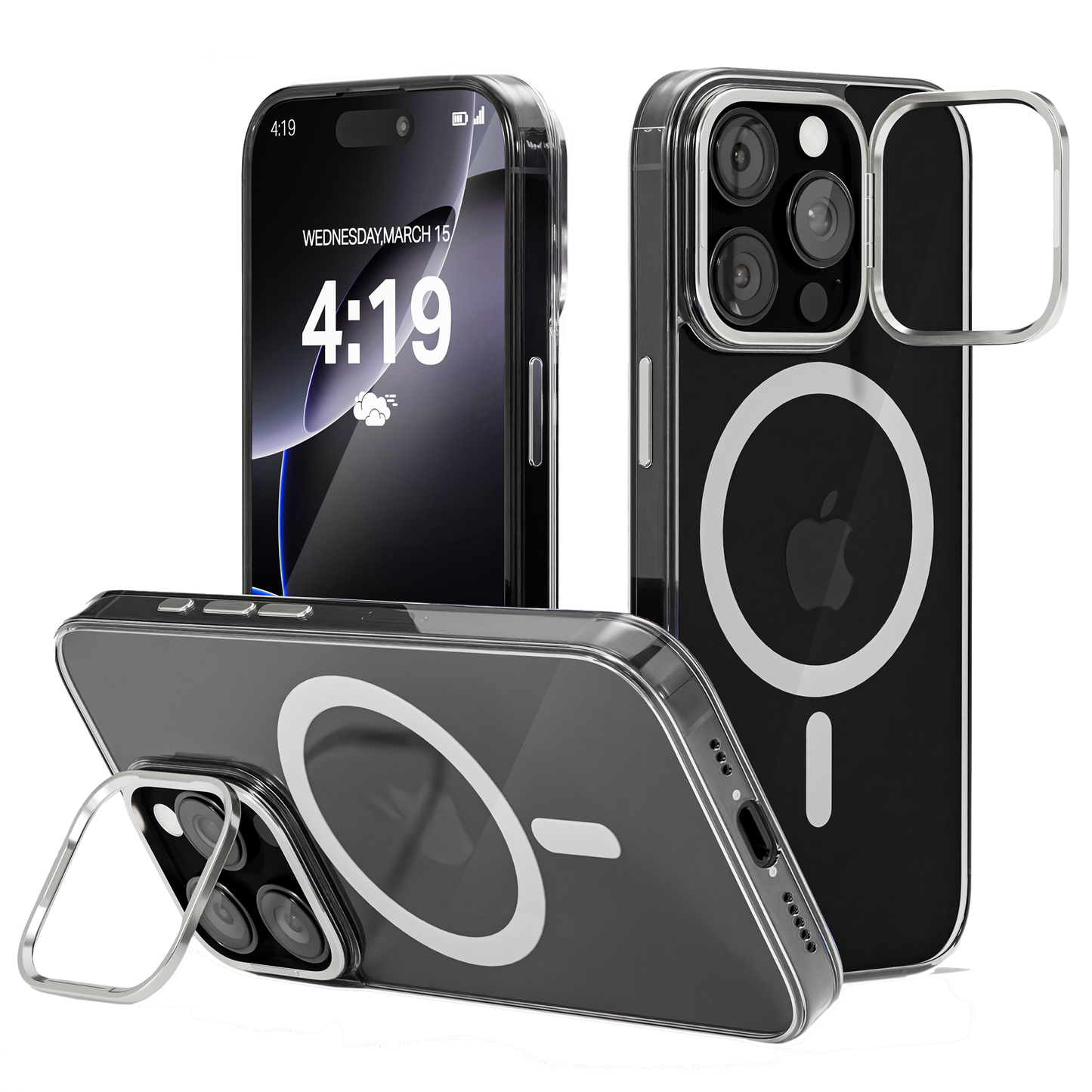 iPhone 16 Pro Hoesje – Transparant MagSafe Case met Metalen Stand & Oranje Button