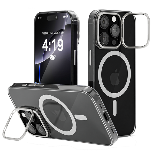 iPhone 16 Pro Hoesje – Transparant MagSafe Case met Metalen Stand & Oranje Button