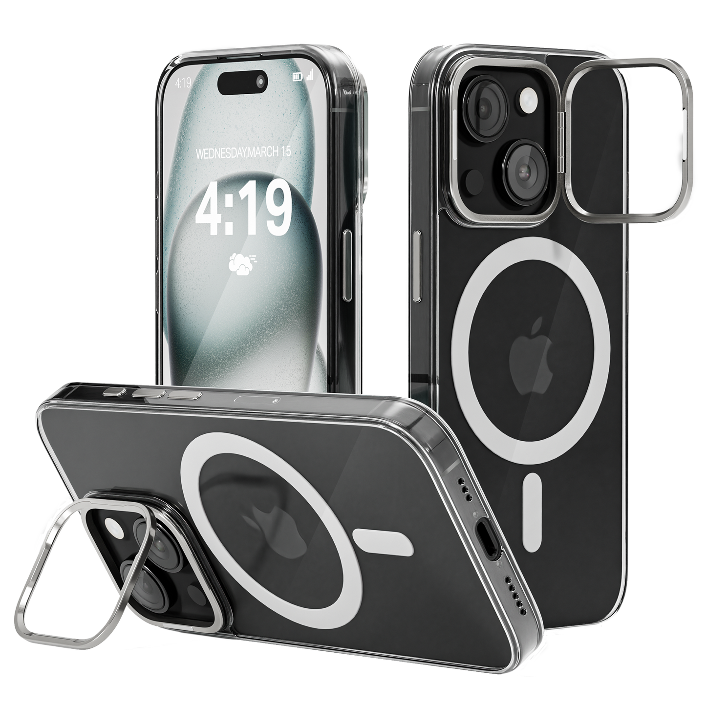 iPhone 15 Hoesje – Transparant MagSafe Case met Metalen Stand & Oranje Button