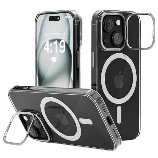 iPhone 15 Hoesje – Transparant MagSafe Case met Metalen Stand & Oranje Button