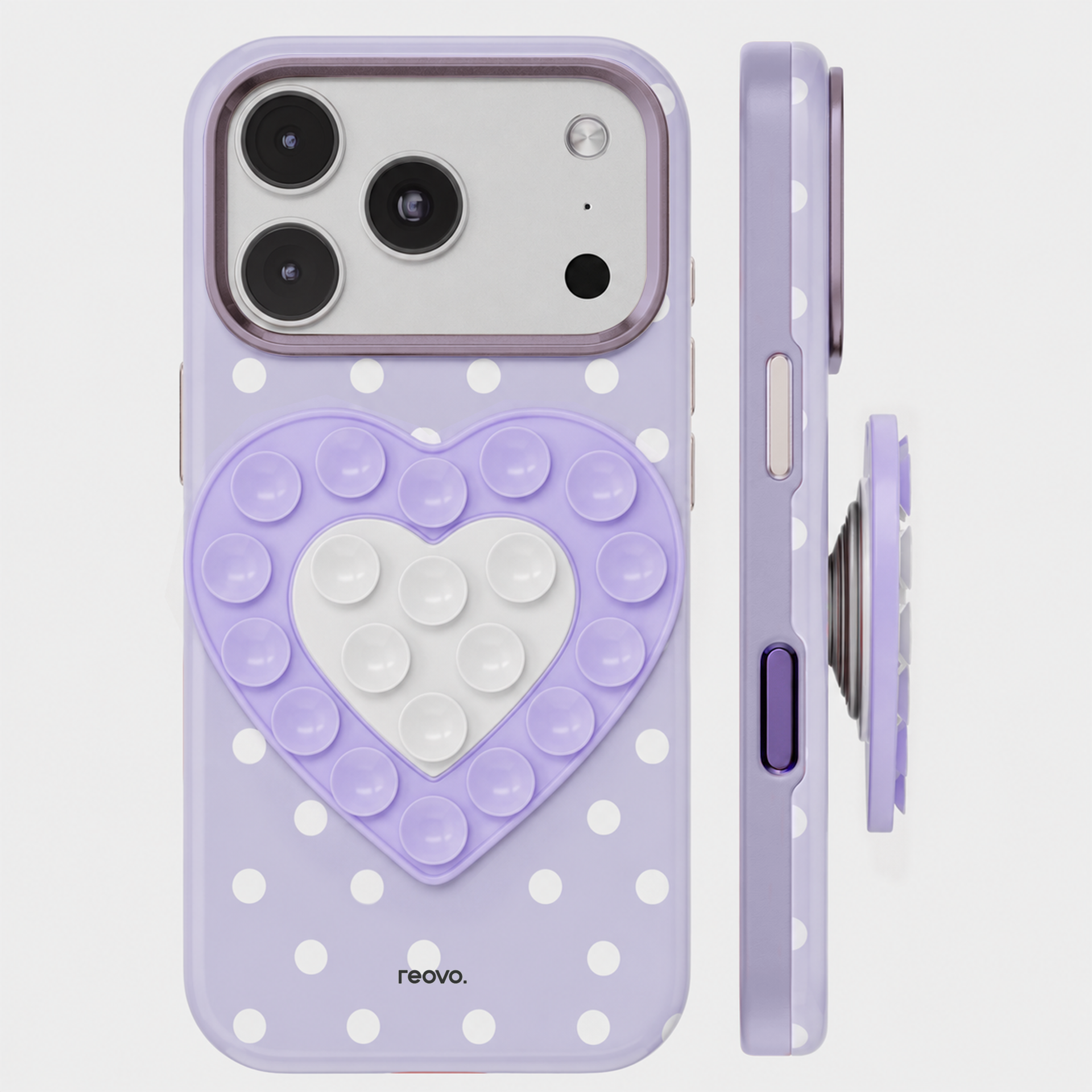 Reovo Dots Hoesje - Geschikt voor iPhone 17 Pro Max - Hartvormige Zuignap Grip & Telefoonstandaard - Zwart/Roze