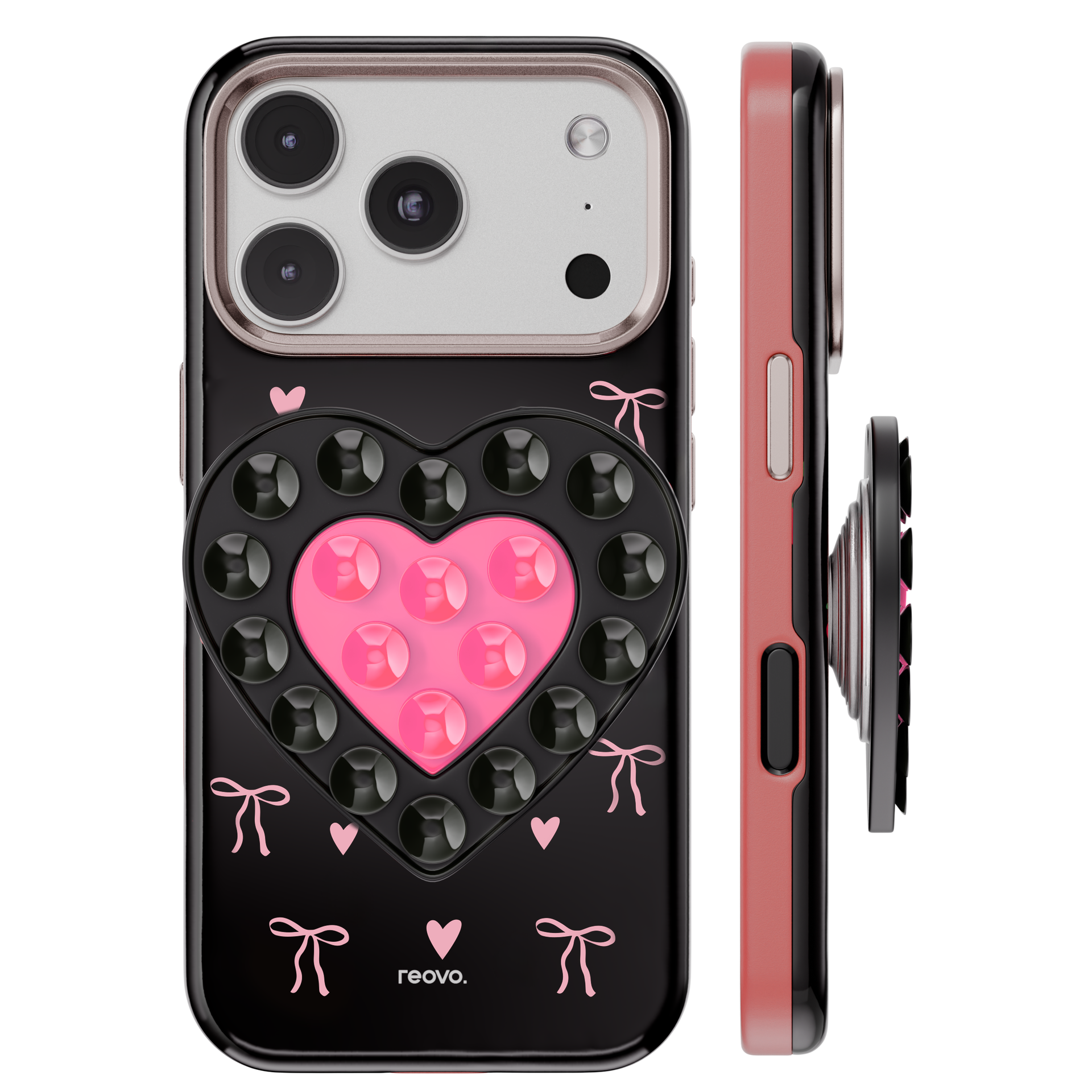 Reovo Bow Hoesje - Geschikt voor iPhone 17 Pro - Hartvormige Zuignap Grip & Telefoonstandaard - Zwart/Roze