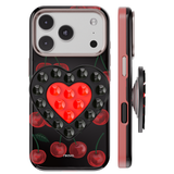 Reovo Cherry Hoesje - Geschikt voor iPhone 17 Pro Max - Hartvormige Zuignap Grip & Telefoonstandaard - Zwart/rood