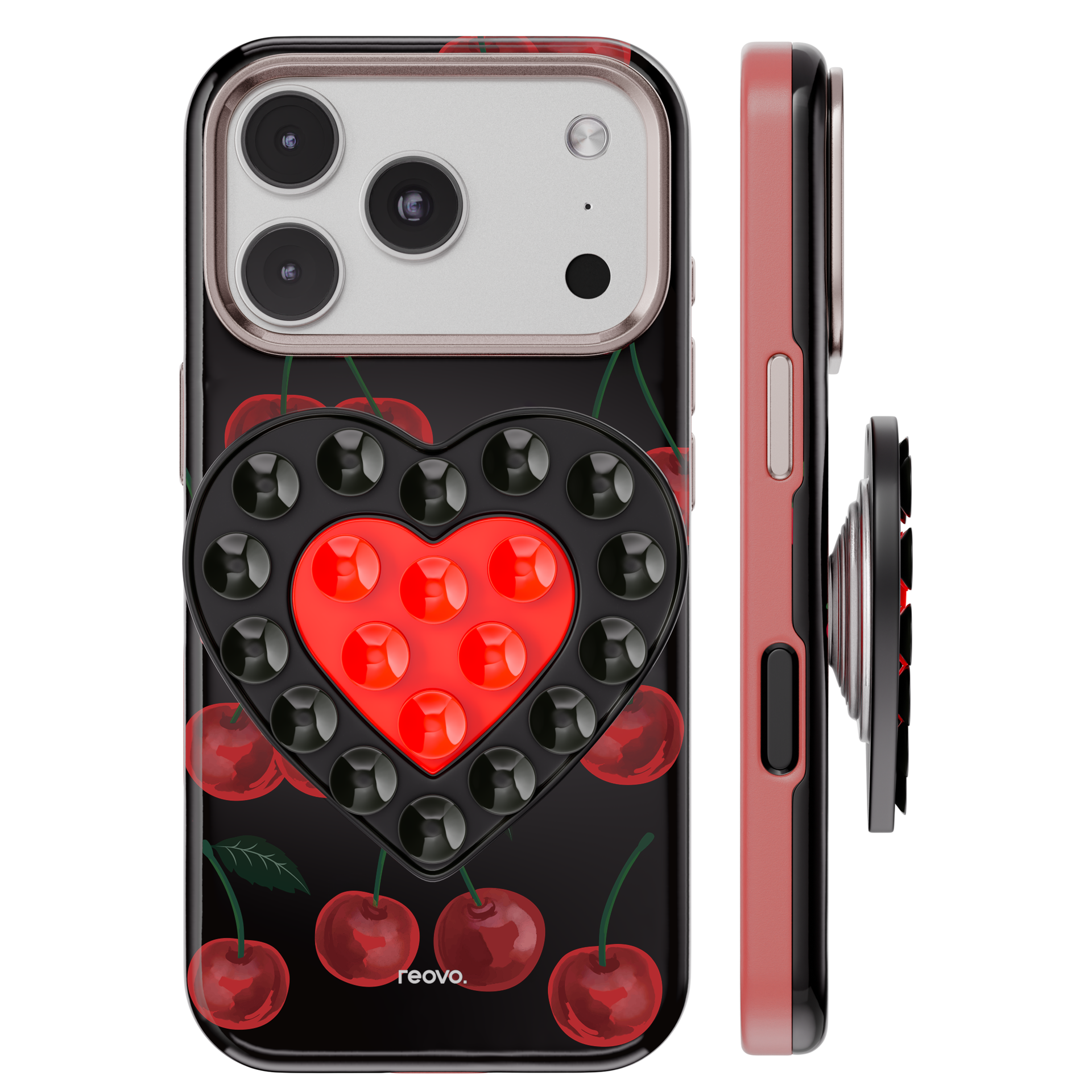 Reovo Cherry Hoesje - Geschikt voor iPhone 17 Pro Max - Hartvormige Zuignap Grip & Telefoonstandaard - Zwart/rood