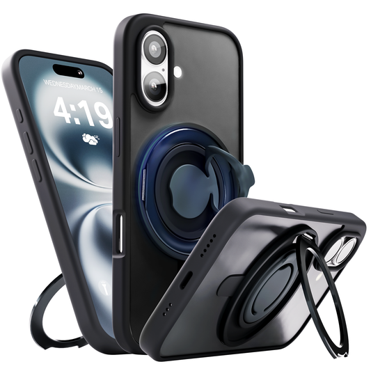 iPhone 16 Hoesje – Shockproof MagSafe Case met 360° Ring Stand Zwart