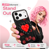 Reovo Cherry Hoesje - Geschikt voor iPhone 17 Pro - Hartvormige Zuignap Grip & Telefoonstandaard - Zwart/rood
