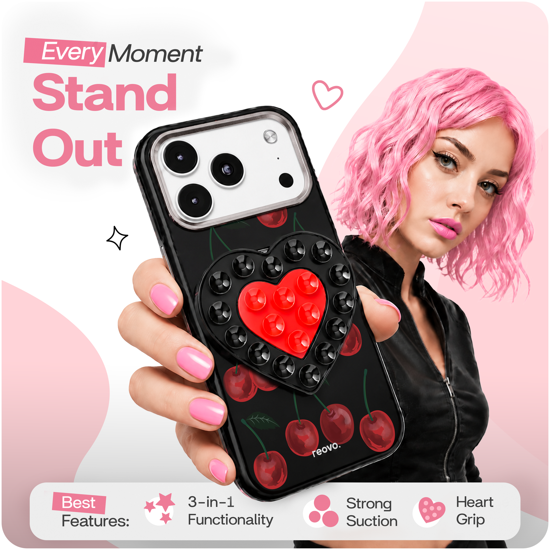 Reovo Cherry Hoesje - Geschikt voor iPhone 17 Pro - Hartvormige Zuignap Grip & Telefoonstandaard - Zwart/rood