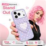 Reovo Dots Hoesje - Geschikt voor iPhone 17 Pro - Hartvormige Zuignap Grip & Telefoonstandaard - Zwart/Roze