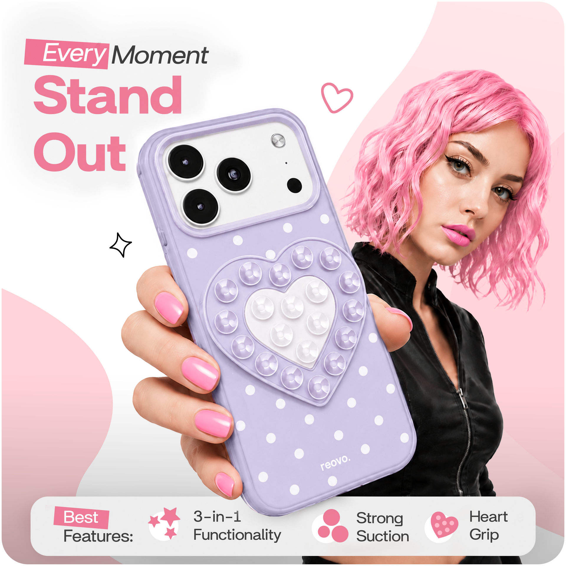 Reovo Dots Hoesje - Geschikt voor iPhone 17 Pro - Hartvormige Zuignap Grip & Telefoonstandaard - Zwart/Roze