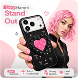 Reovo Bow Hoesje - Geschikt voor iPhone 17 Pro Max - Hartvormige Zuignap Grip & Telefoonstandaard - Zwart/Roze