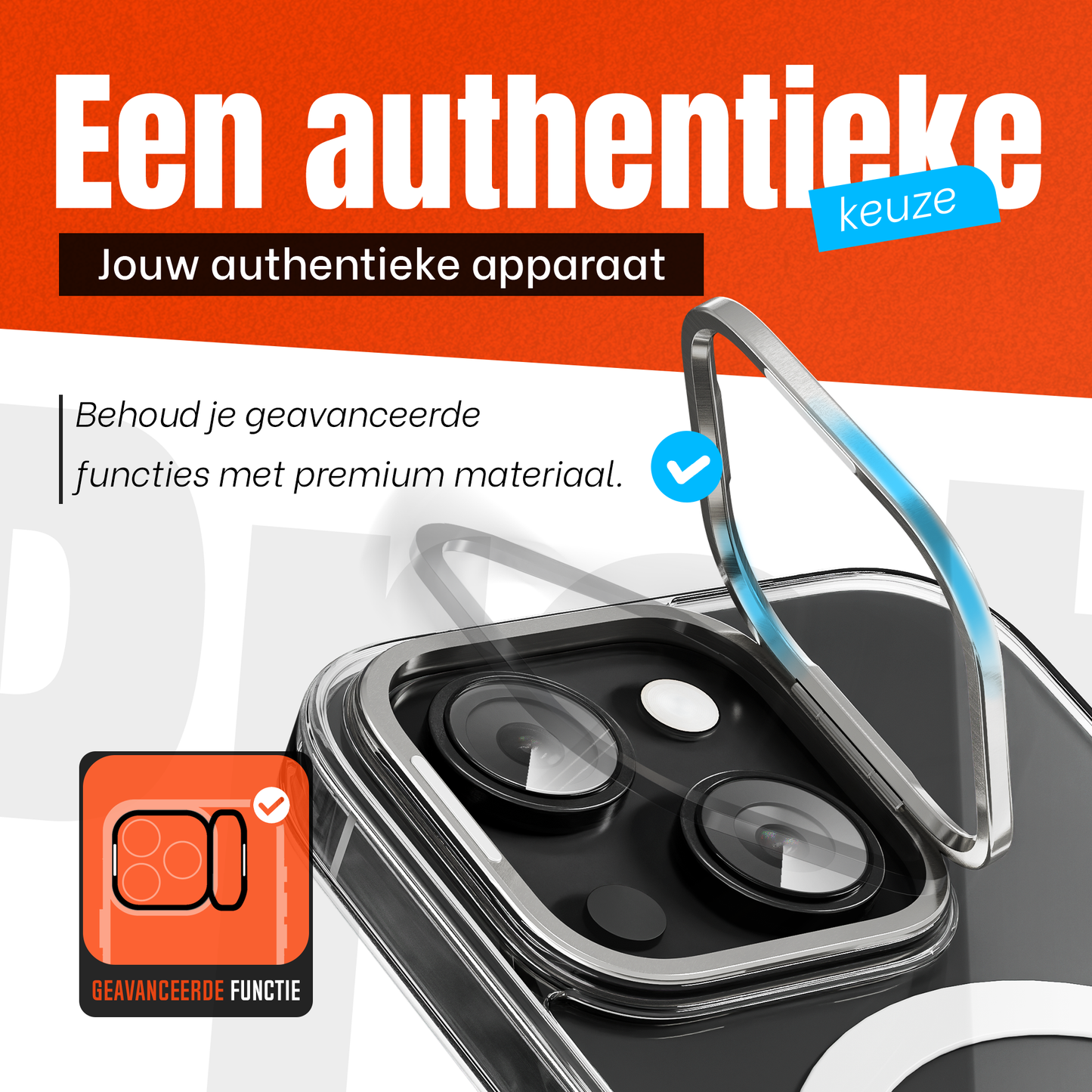 iPhone 15 Hoesje – Transparant MagSafe Case met Metalen Stand & Oranje Button