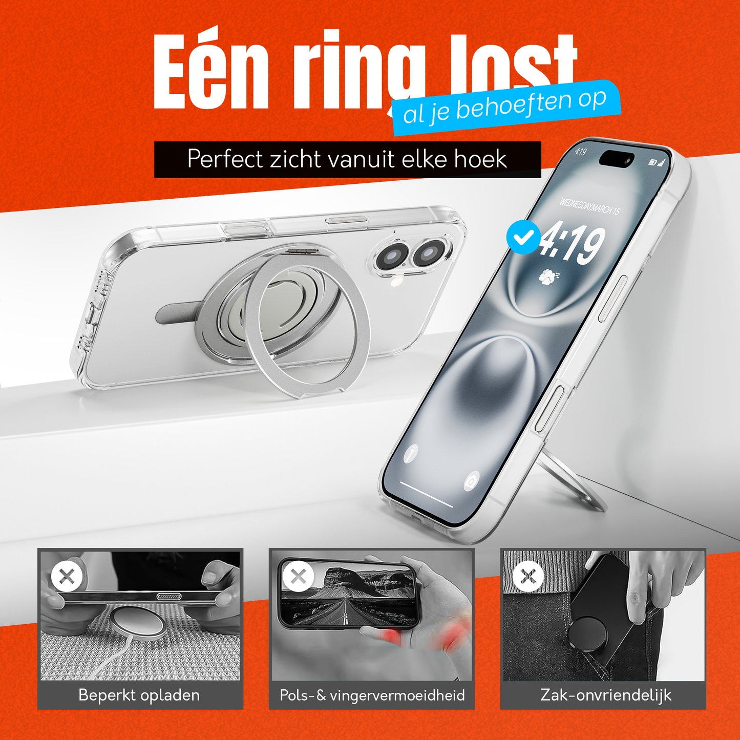 iPhone 16 Hoesje – Shockproof MagSafe Case met 360 Ring Stand Transparant