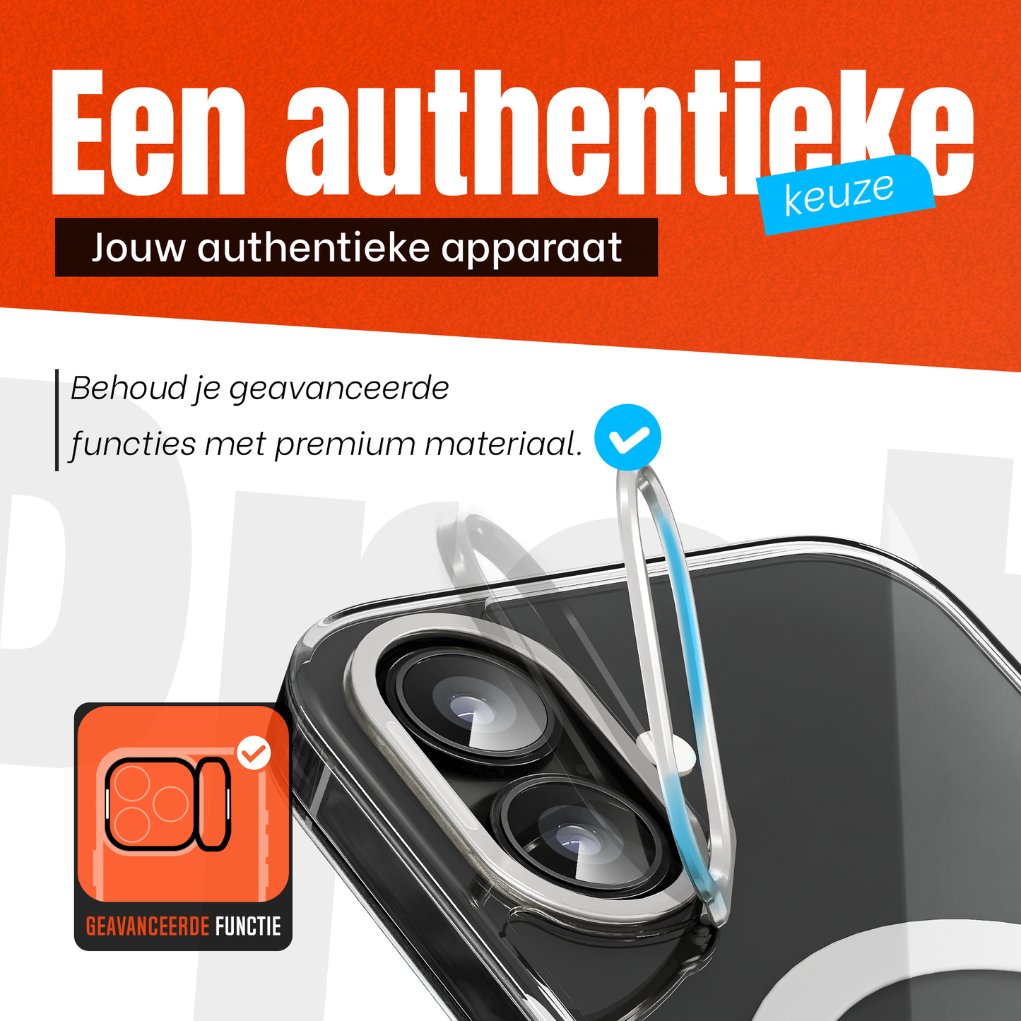iPhone 16 Hoesje – Transparant MagSafe Case met Metalen Stand & Oranje Button