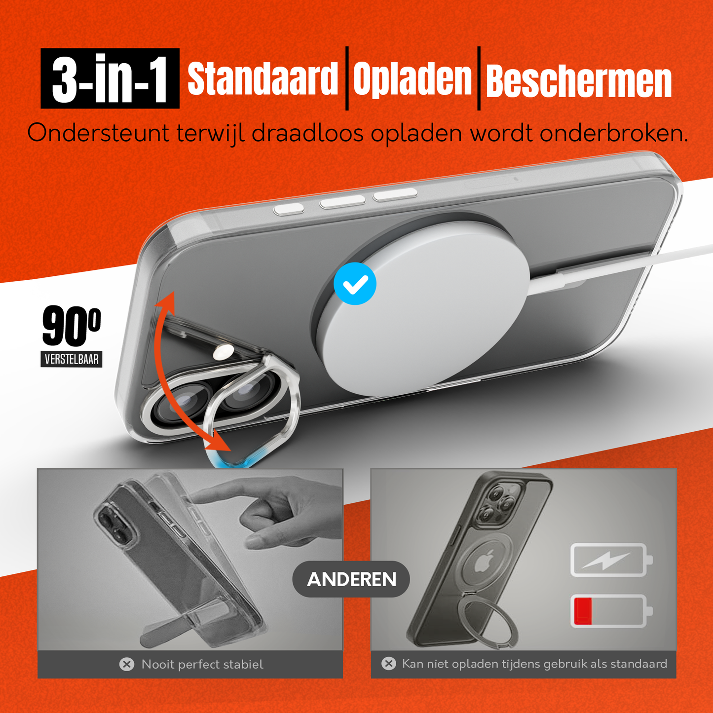 iPhone 16 Hoesje – Transparant MagSafe Case met Metalen Stand & Oranje Button