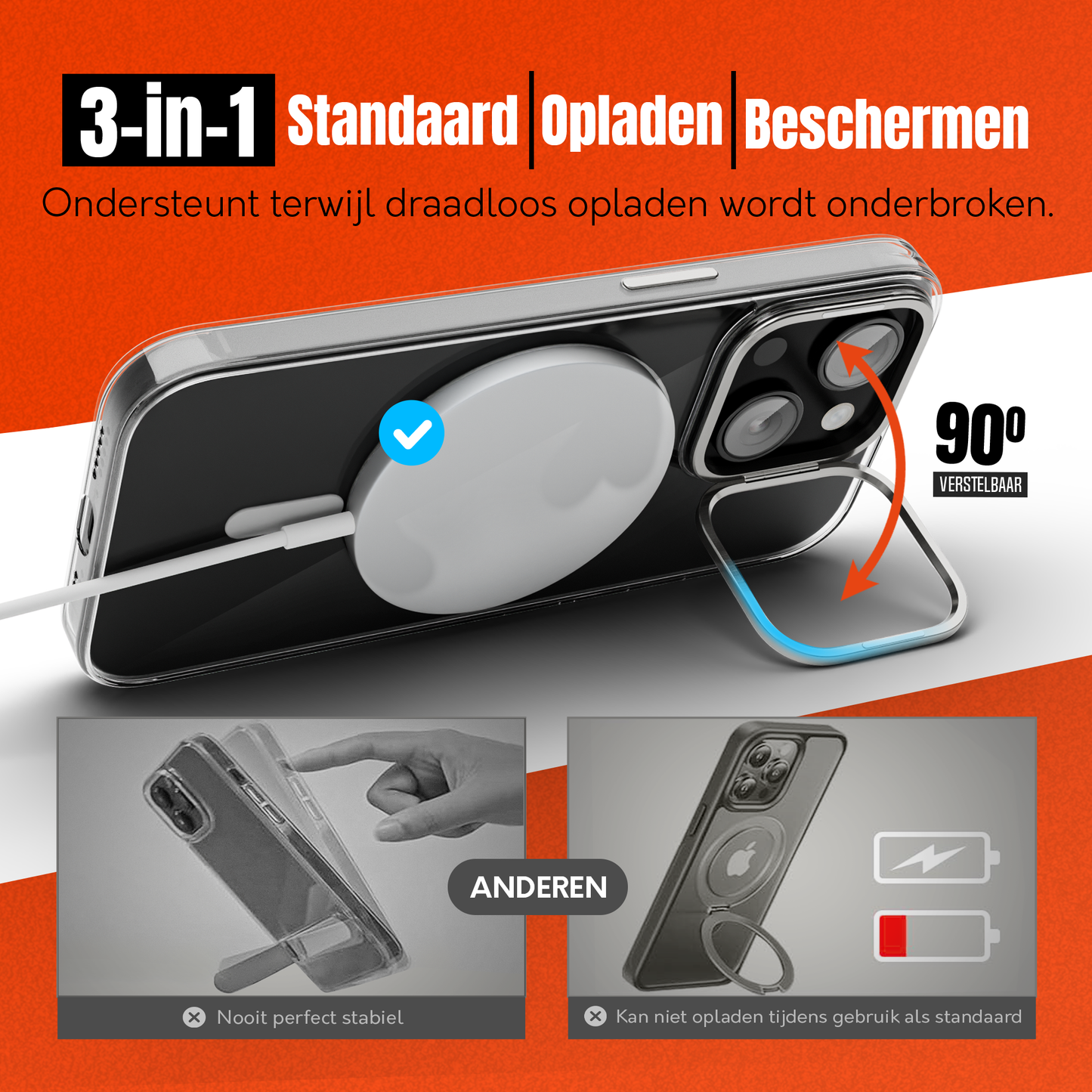 iPhone 15 Hoesje – Transparant MagSafe Case met Metalen Stand & Oranje Button