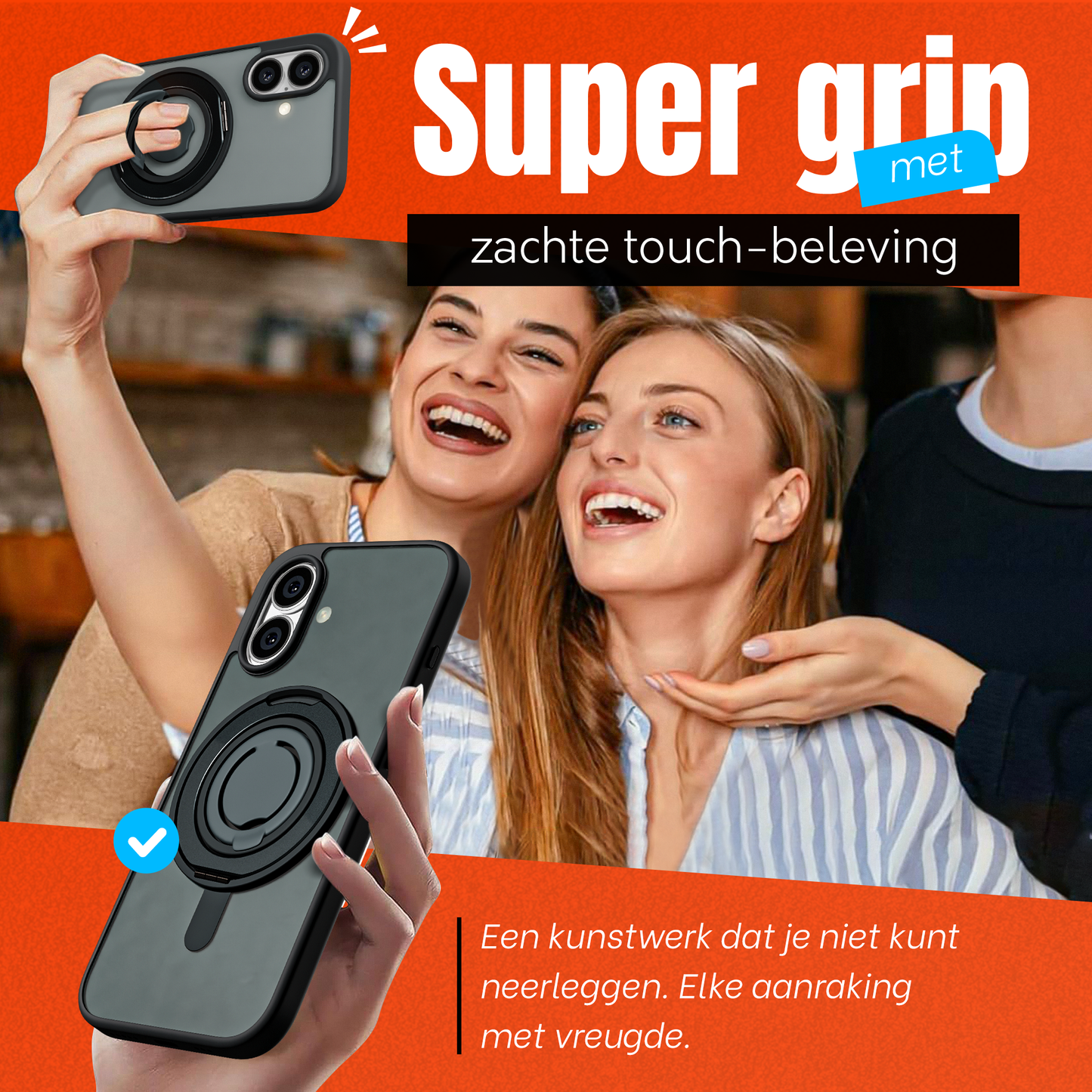 iPhone 16 Plus Hoesje – Shockproof MagSafe Case met 360° Ring Stand Zwart