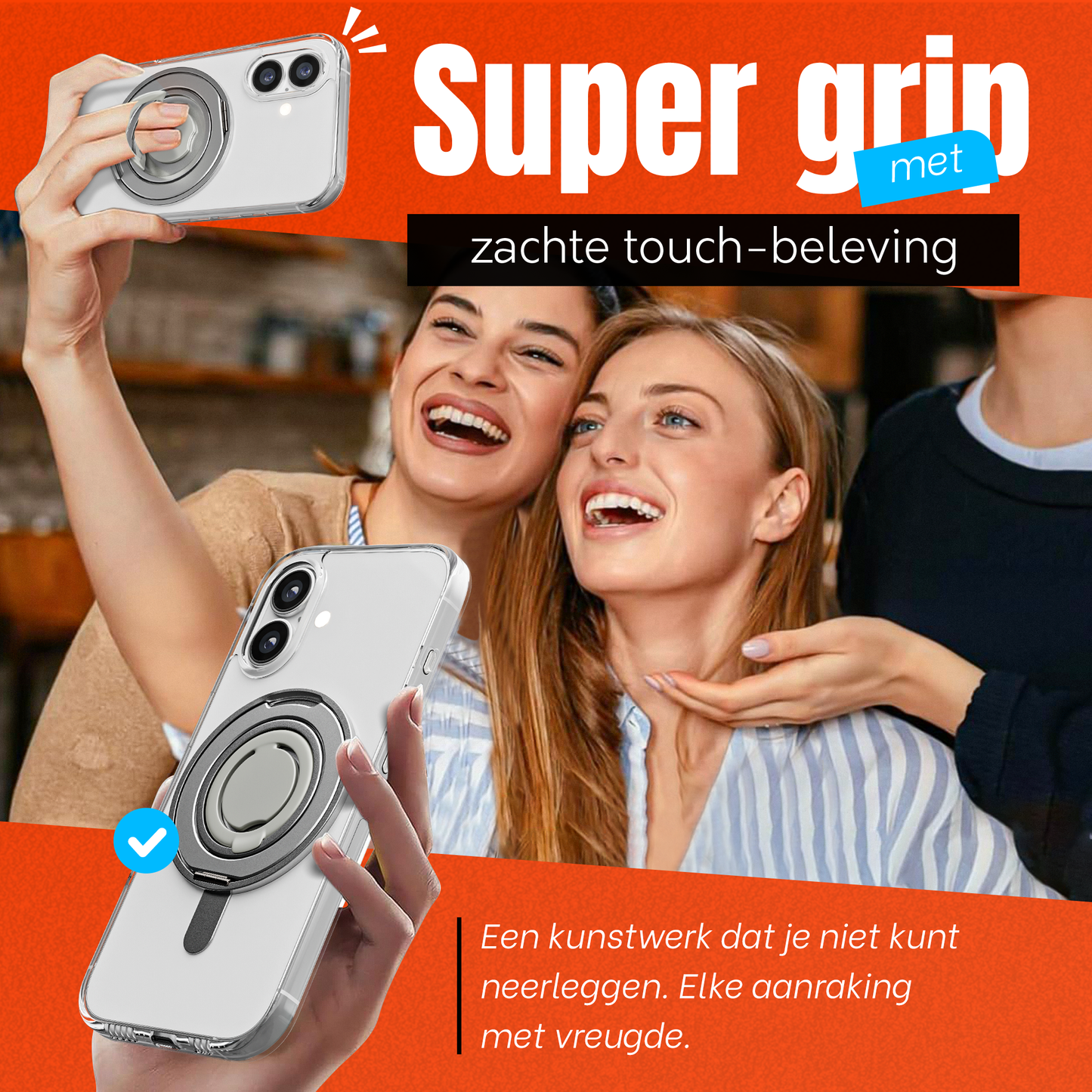 iPhone 16 Hoesje – Shockproof MagSafe Case met 360 Ring Stand Transparant