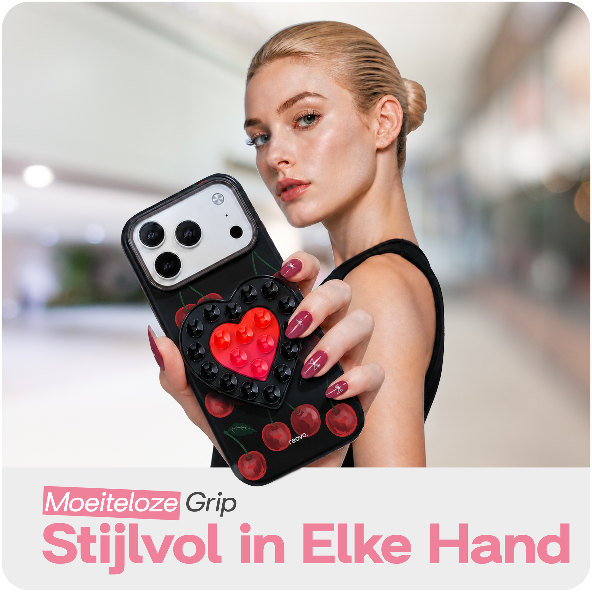 Reovo Cherry Hoesje - Geschikt voor iPhone 17 Pro Max - Hartvormige Zuignap Grip & Telefoonstandaard - Zwart/rood