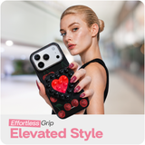 Reovo Cherry Hoesje - Geschikt voor iPhone 17 Pro - Hartvormige Zuignap Grip & Telefoonstandaard - Zwart/rood
