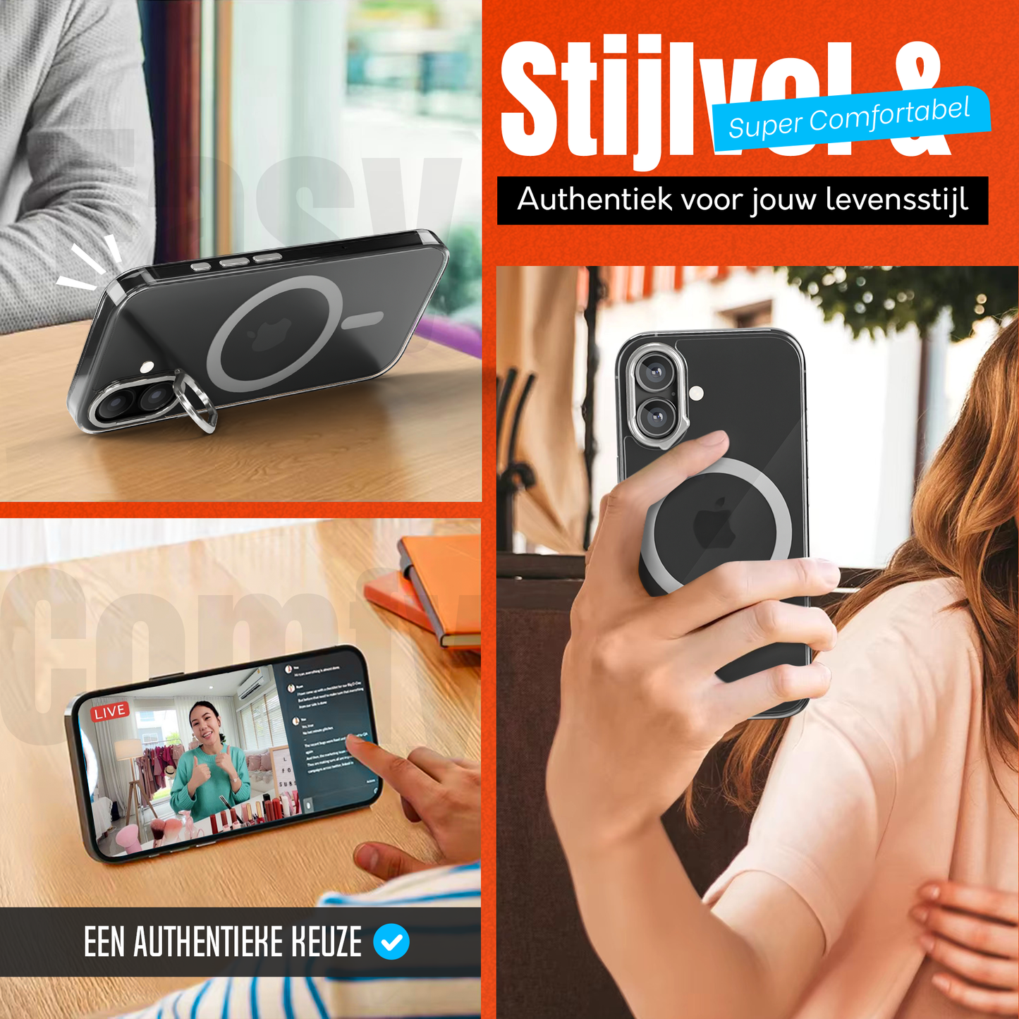 iPhone 16 Hoesje – Transparant MagSafe Case met Metalen Stand & Oranje Button