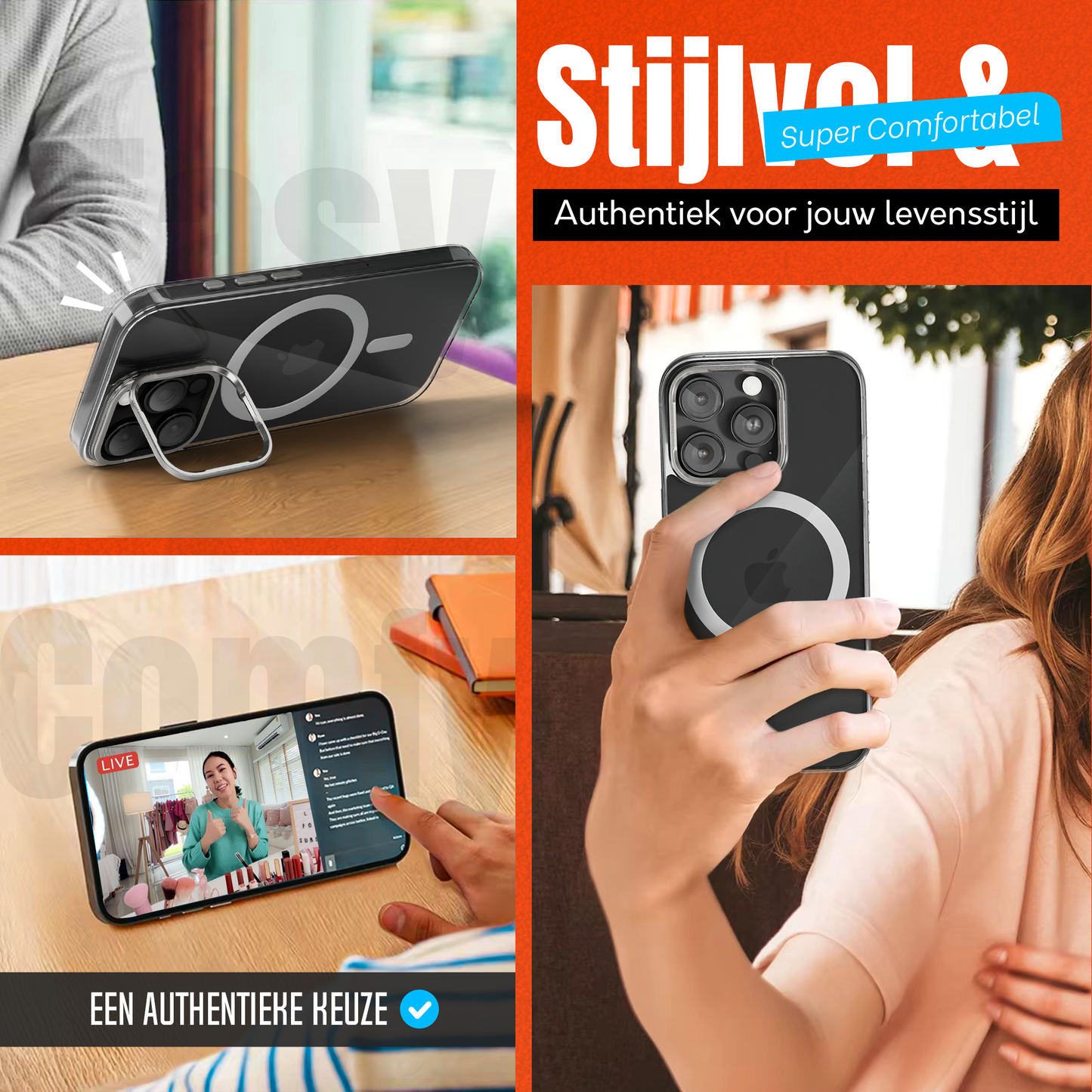 iPhone 15 Pro Max Hoesje – Transparant MagSafe Case met Metalen Stand & Oranje Button