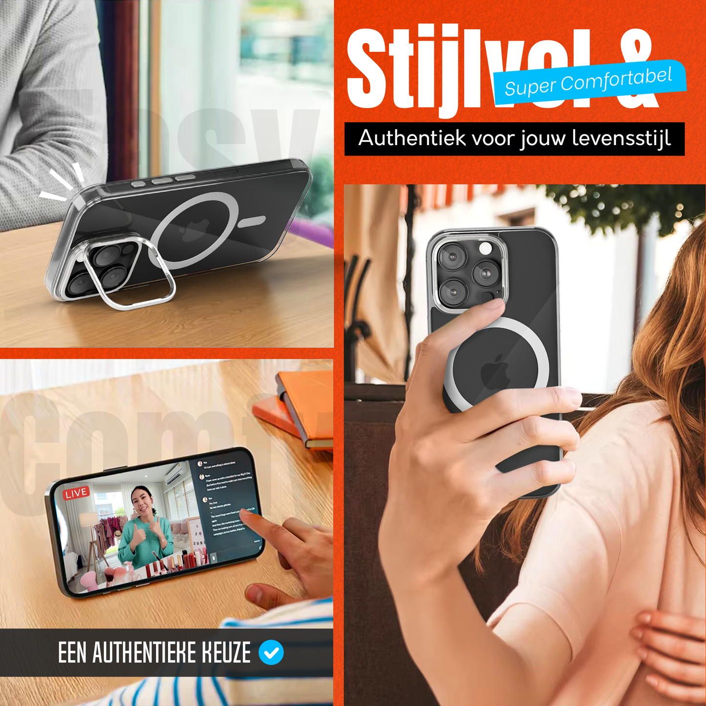 iPhone 16 Pro Max Hoesje – Transparant MagSafe Case met Metalen Stand & Oranje Button