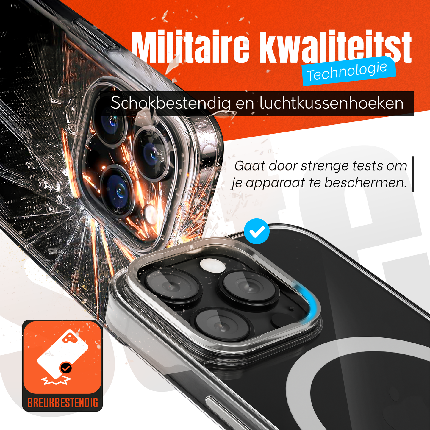 iPhone 16 Pro Max Hoesje – Transparant MagSafe Case met Metalen Stand & Oranje Button
