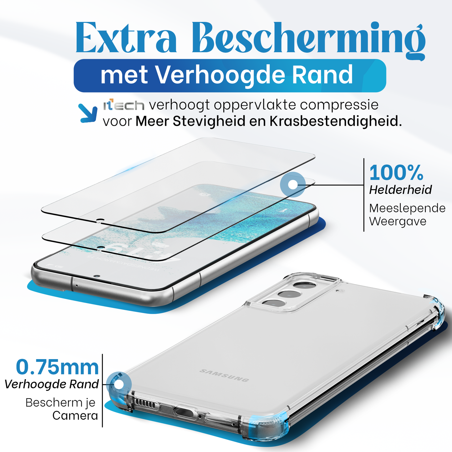 iTech Combo: 2 Screenprotectors & 1 Bumper Hoes voor Samsung Galaxy S22 – 3-in-1 Bescherming