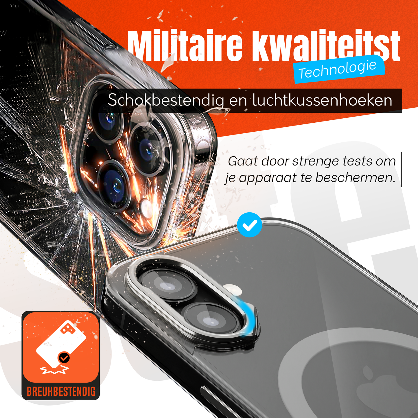 iPhone 16 Hoesje – Transparant MagSafe Case met Metalen Stand & Oranje Button