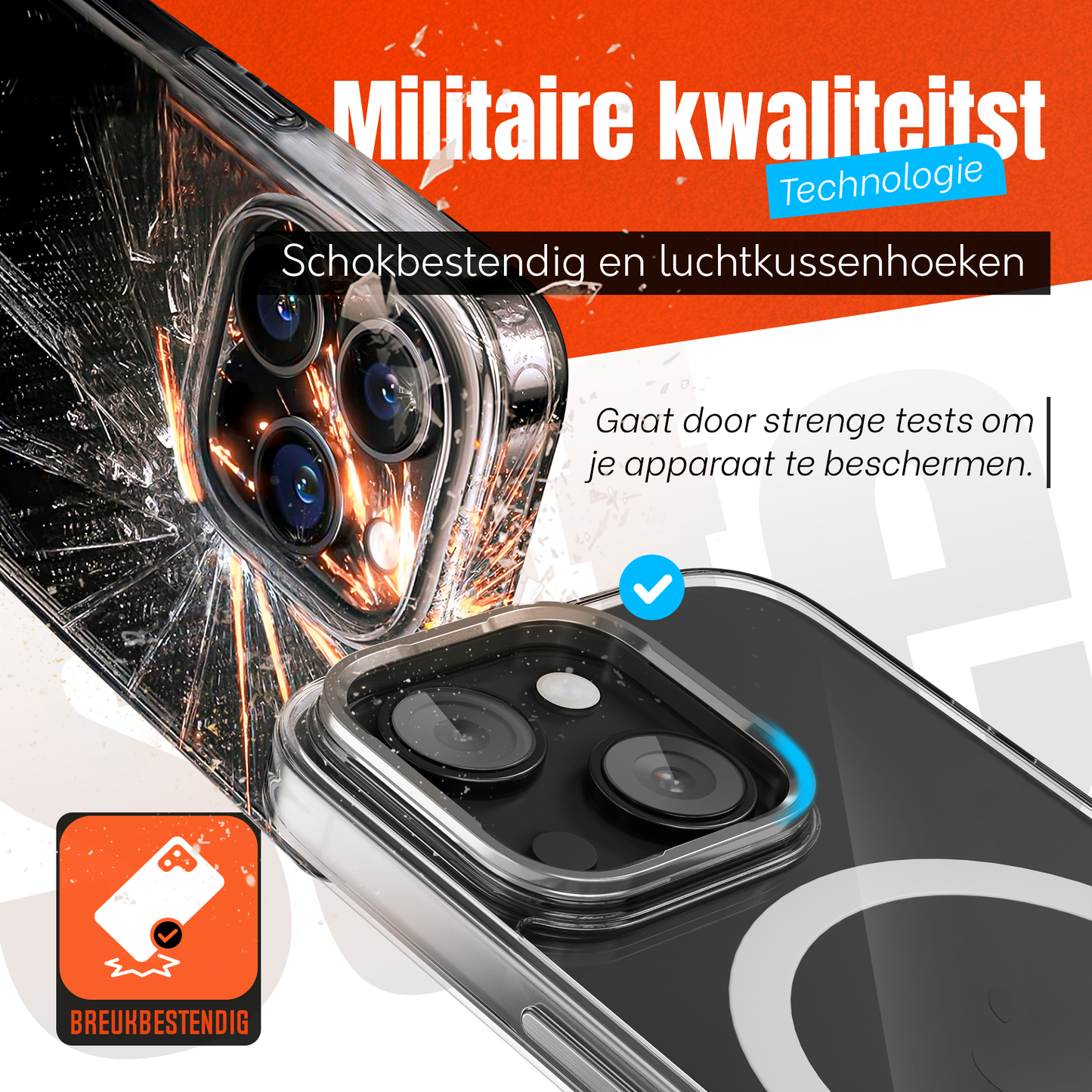 iPhone 15 Hoesje – Transparant MagSafe Case met Metalen Stand & Oranje Button