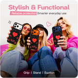 Reovo Cherry Hoesje - Geschikt voor iPhone 17 Pro - Hartvormige Zuignap Grip & Telefoonstandaard - Zwart/rood