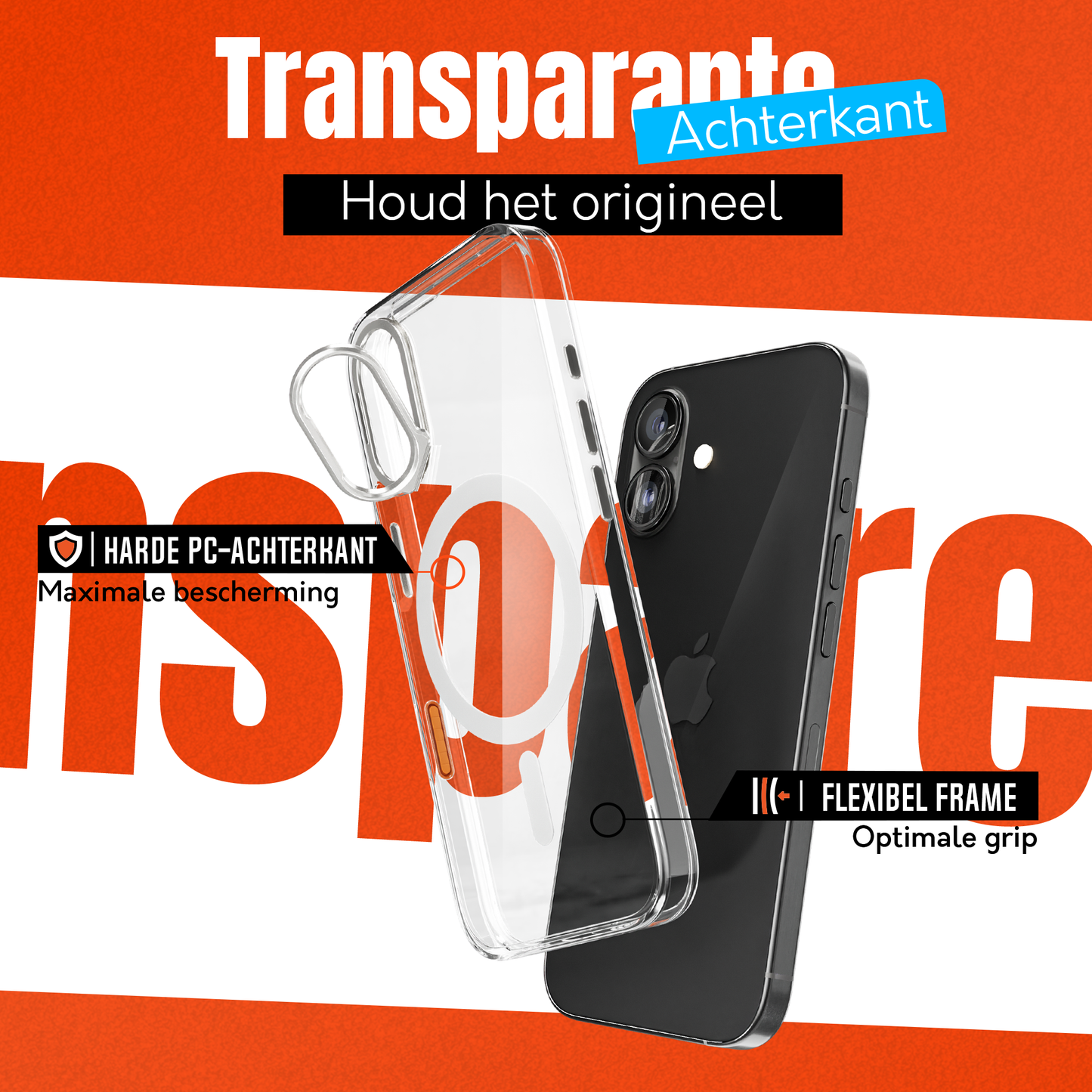 iPhone 16 Hoesje – Transparant MagSafe Case met Metalen Stand & Oranje Button