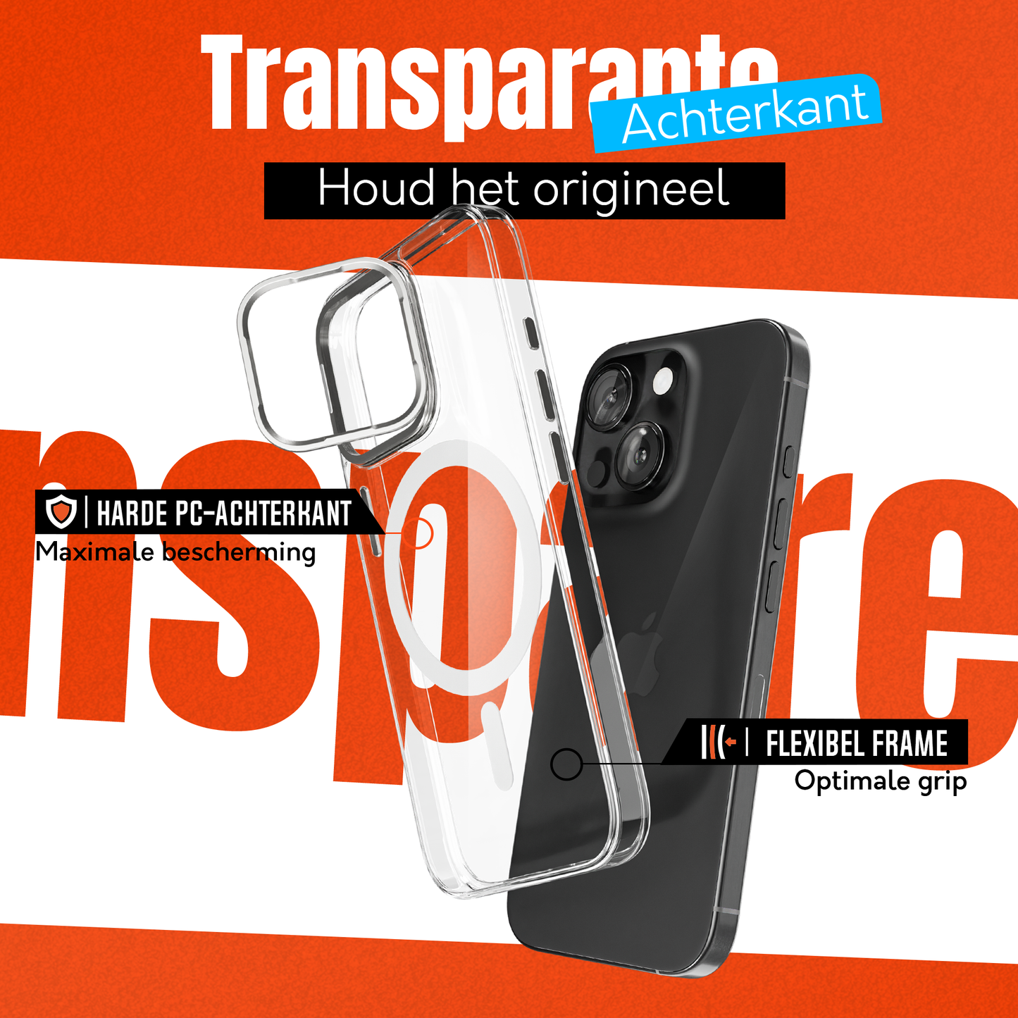 iPhone 15 Hoesje – Transparant MagSafe Case met Metalen Stand & Oranje Button