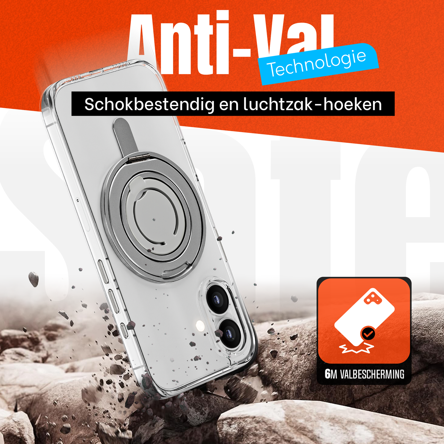 iPhone 16 Hoesje – Shockproof MagSafe Case met 360 Ring Stand Transparant