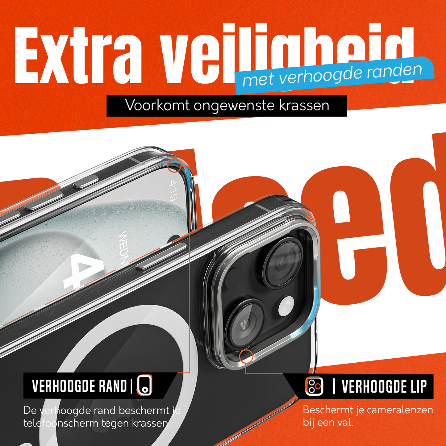iPhone 15 Hoesje – Transparant MagSafe Case met Metalen Stand & Oranje Button