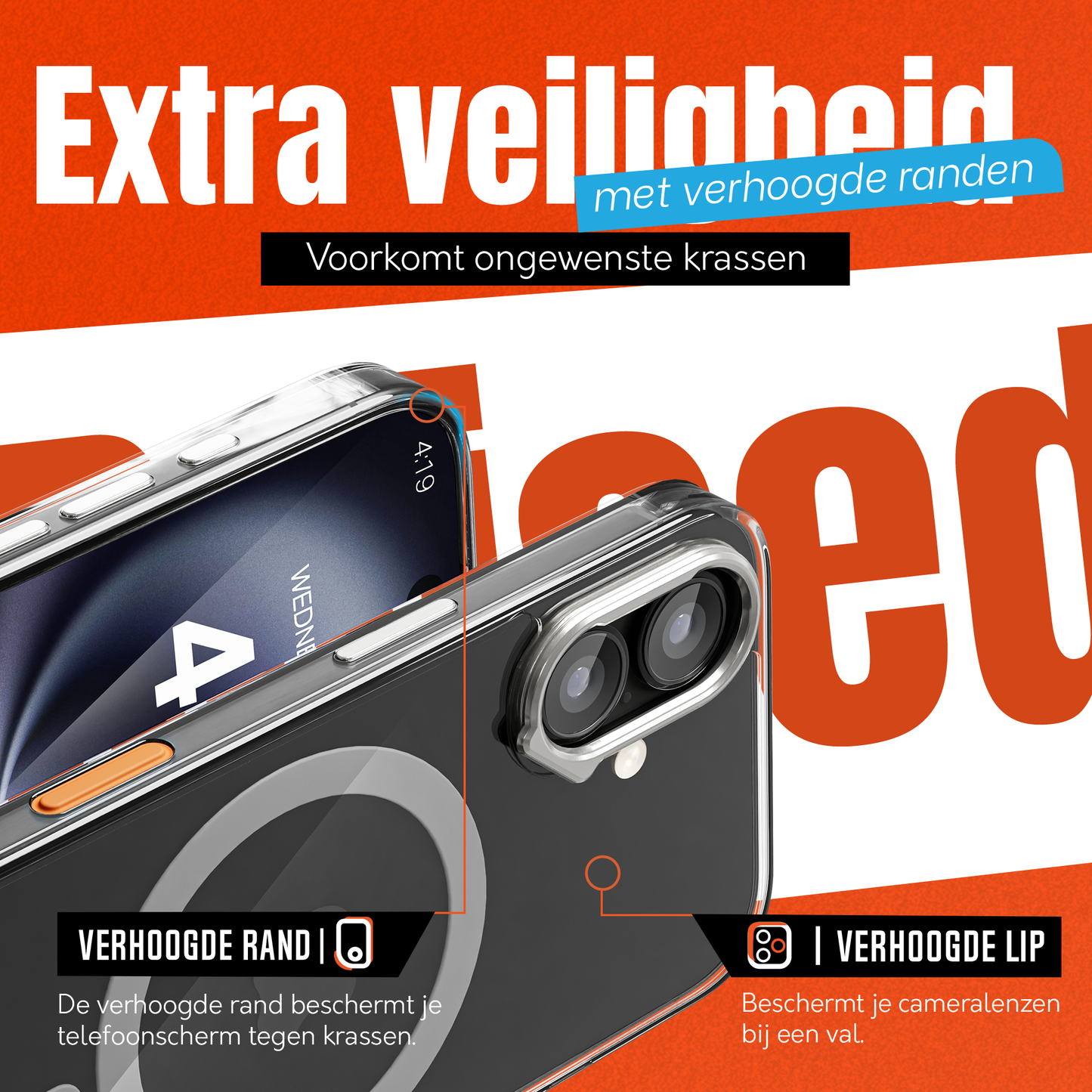 iPhone 16 Hoesje – Transparant MagSafe Case met Metalen Stand & Oranje Button