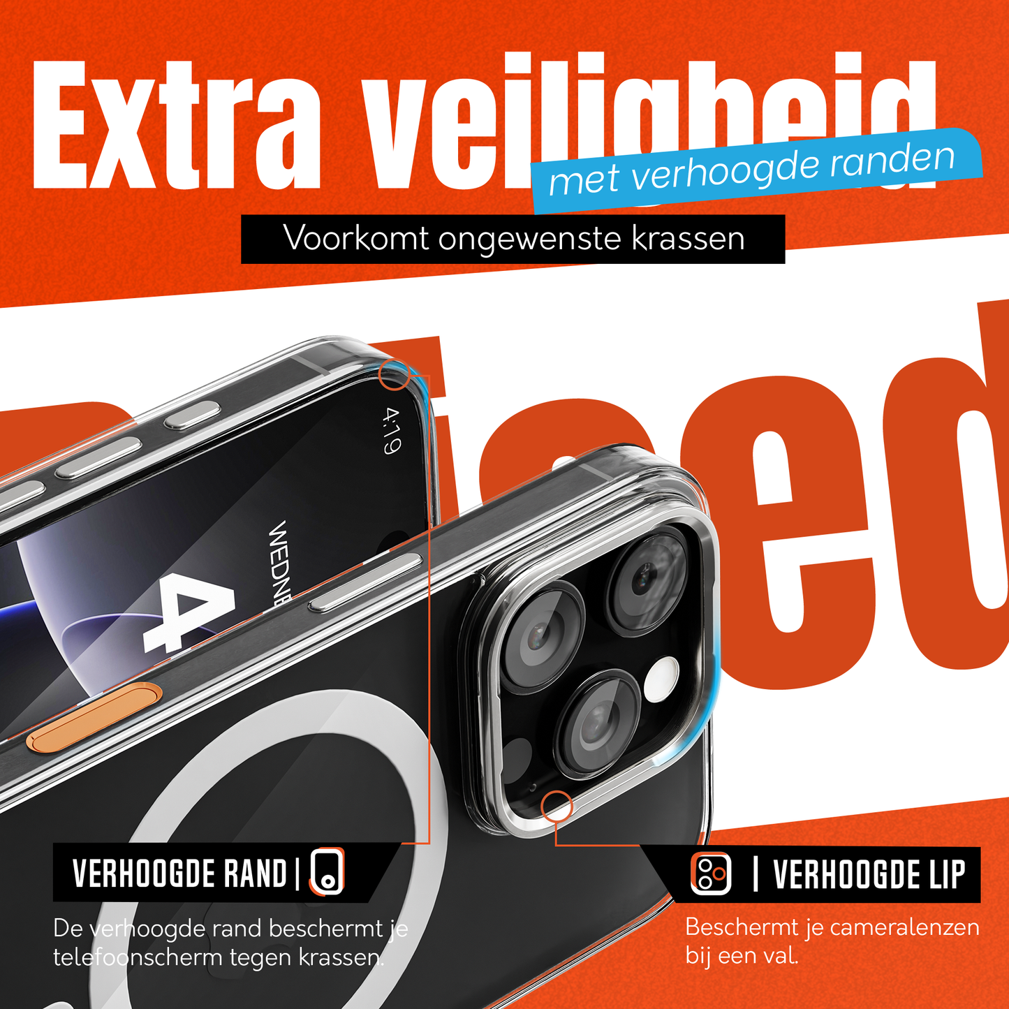 iPhone 16 Pro Max Hoesje – Transparant MagSafe Case met Metalen Stand & Oranje Button