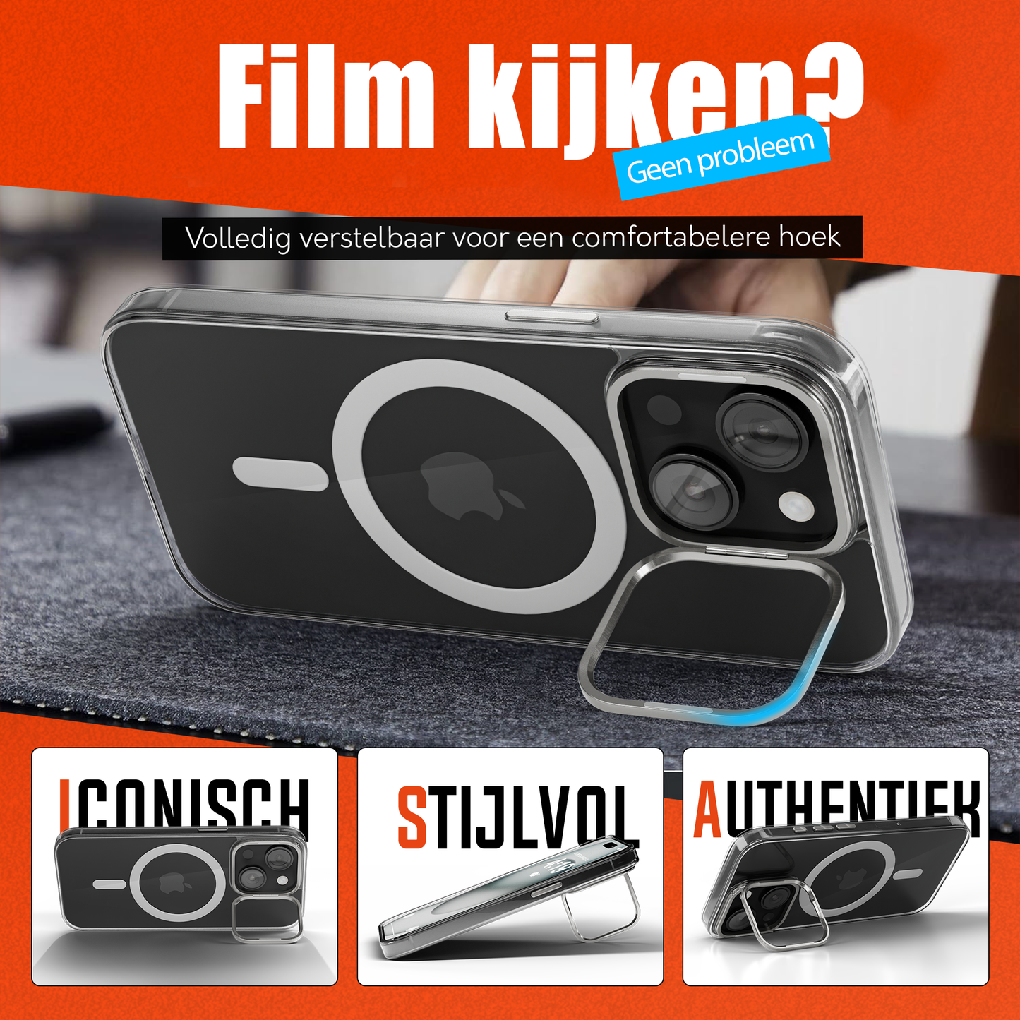 iPhone 15 Hoesje – Transparant MagSafe Case met Metalen Stand & Oranje Button