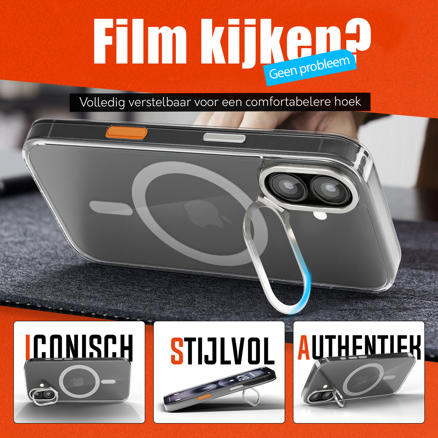 iPhone 16 Hoesje – Transparant MagSafe Case met Metalen Stand & Oranje Button