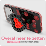 Reovo Cherry Hoesje - Geschikt voor iPhone 17 Pro Max - Hartvormige Zuignap Grip & Telefoonstandaard - Zwart/rood