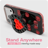 Reovo Cherry Hoesje - Geschikt voor iPhone 17 Pro - Hartvormige Zuignap Grip & Telefoonstandaard - Zwart/rood
