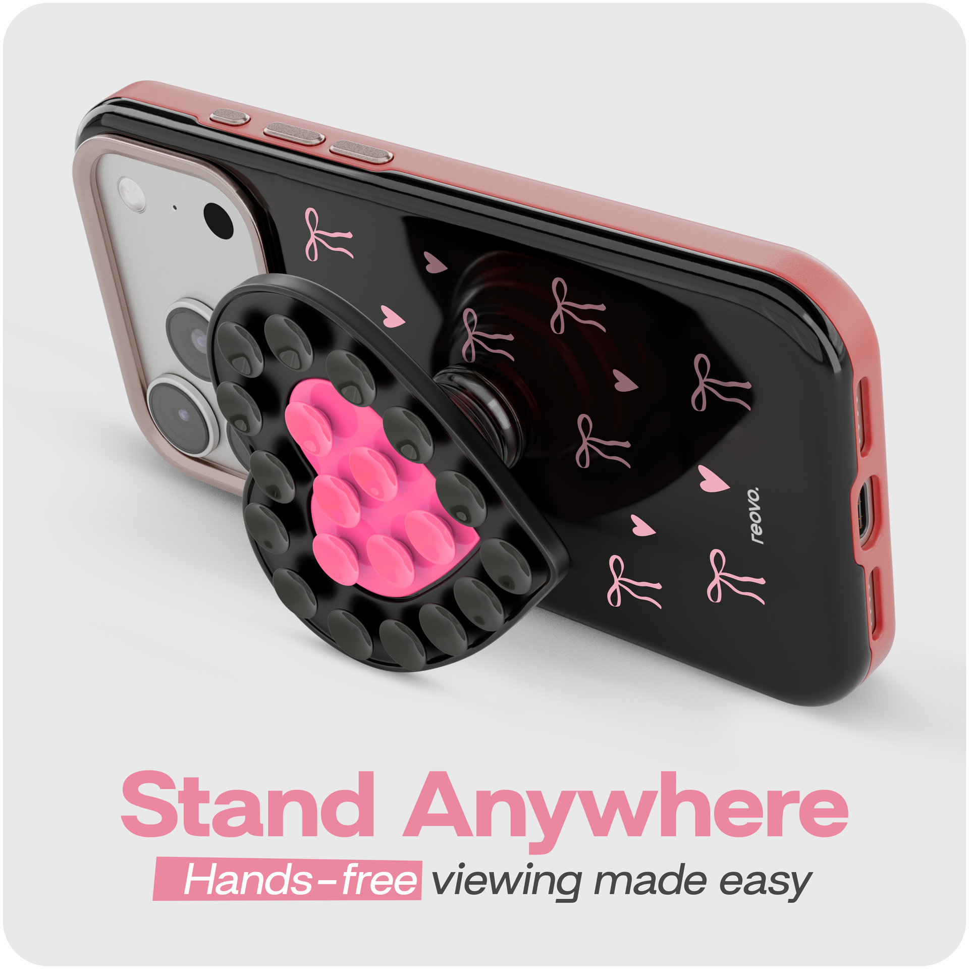 Reovo Bow Hoesje - Geschikt voor iPhone 17 Pro - Hartvormige Zuignap Grip & Telefoonstandaard - Zwart/Roze