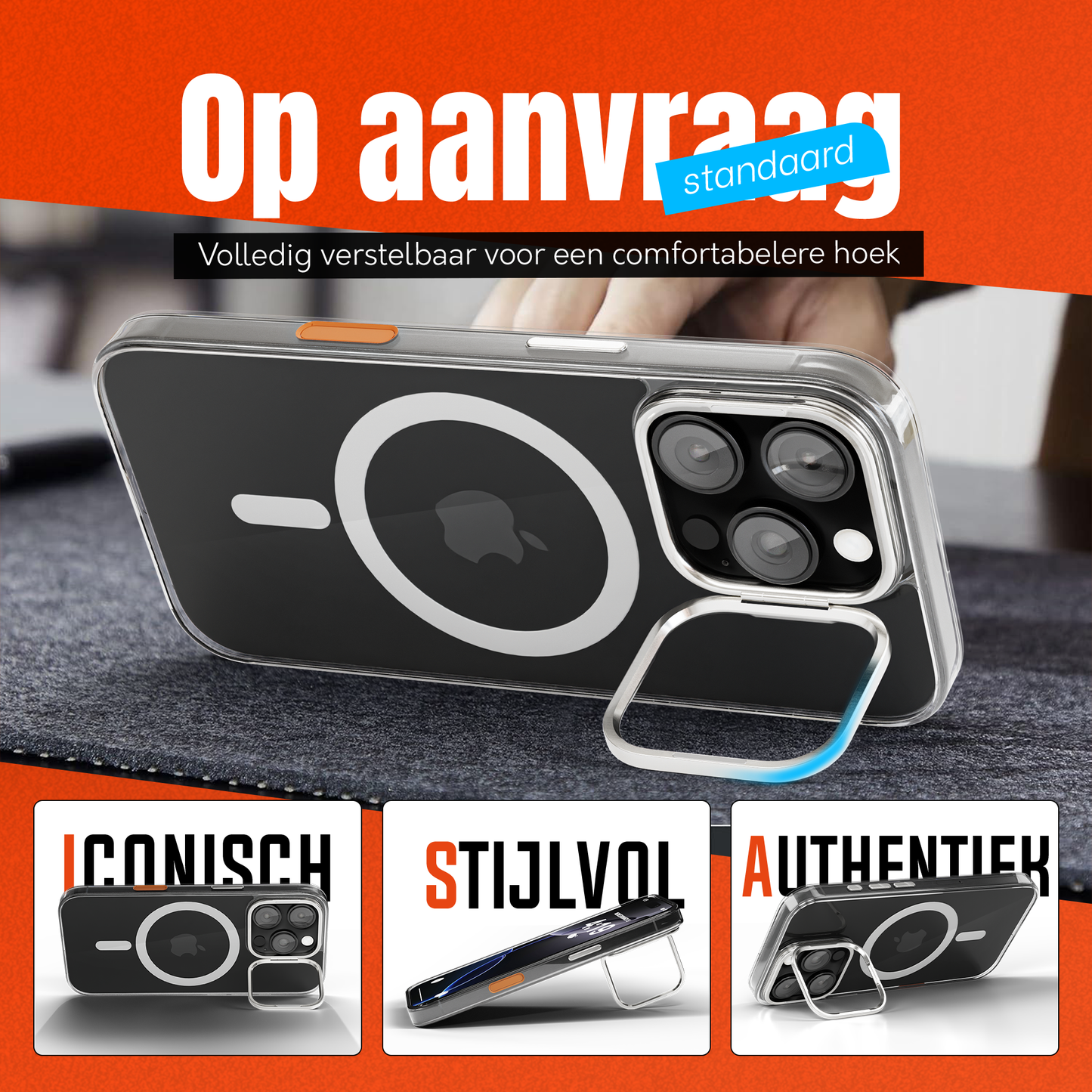 iPhone 16 Pro Max Hoesje – Transparant MagSafe Case met Metalen Stand & Oranje Button