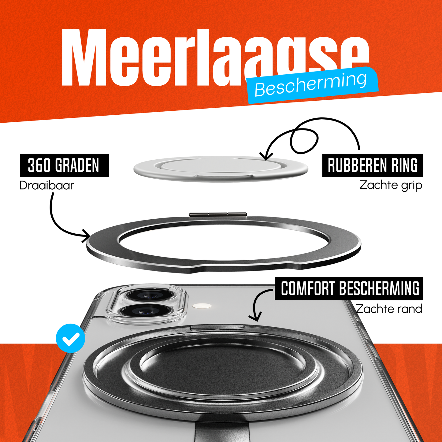 iPhone 16 Hoesje – Shockproof MagSafe Case met 360 Ring Stand Transparant