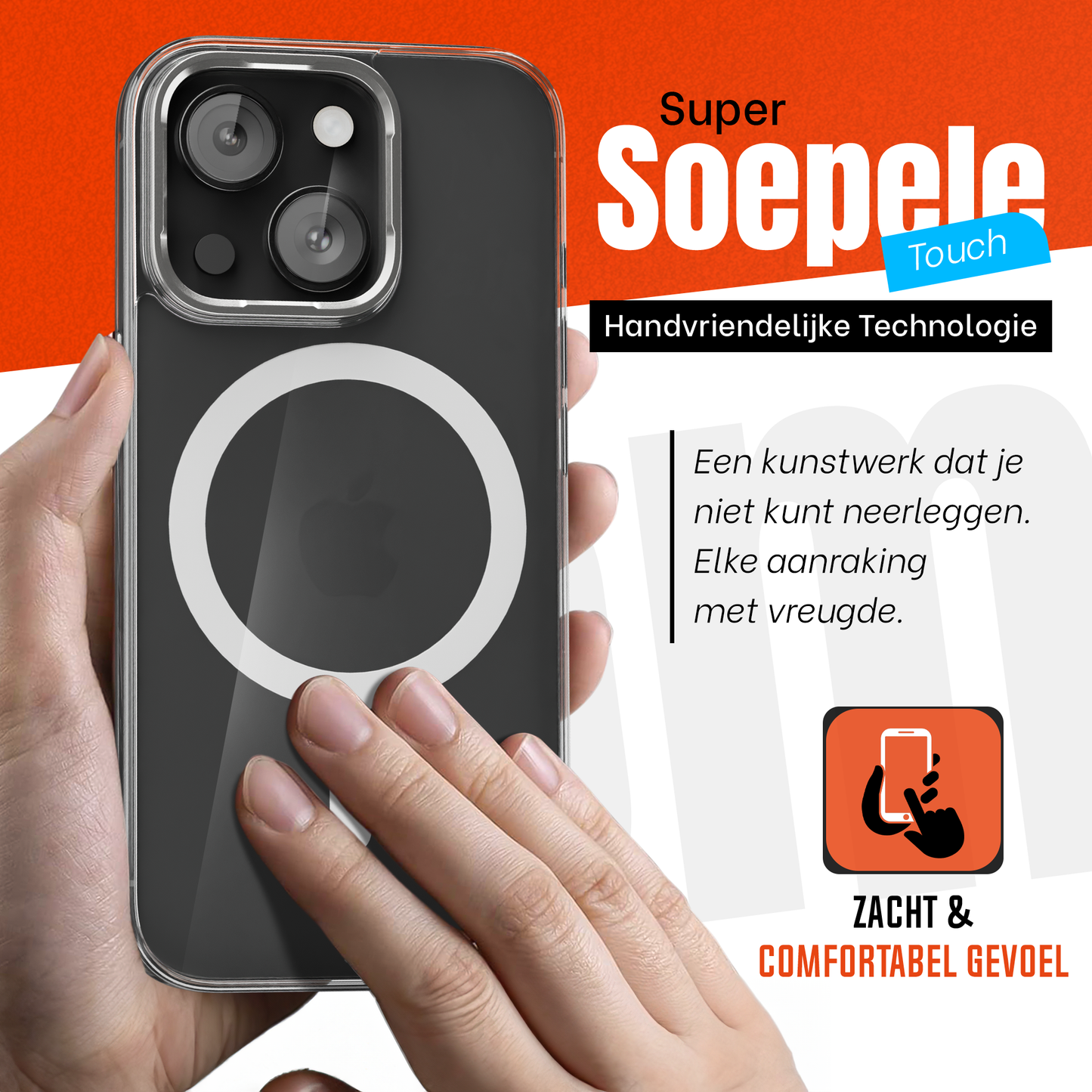 iPhone 15 Hoesje – Transparant MagSafe Case met Metalen Stand & Oranje Button