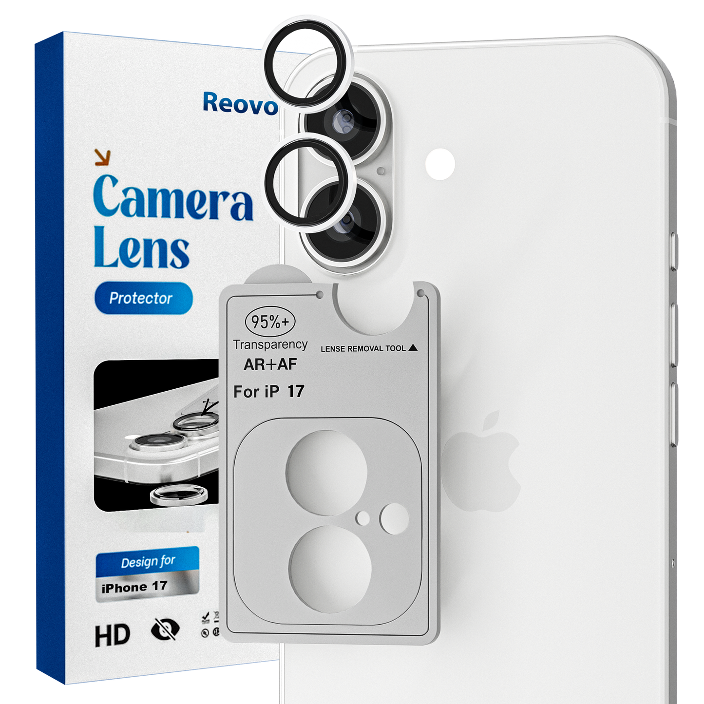 REOVO Camera Protector – Geschikt voor iPhone 17 - 0.05mm Slim Fit – Wit Zilver -Titanium Frame – Anti-Kras & Schokbestendig